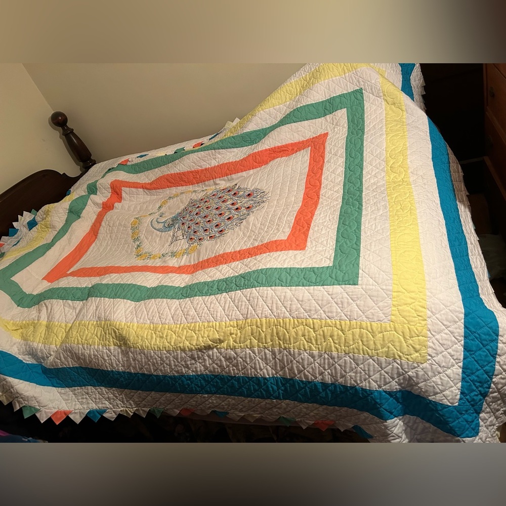 Homemade patchwork embroidered phoenix & hand stitched quilt, queen ~80”x95”